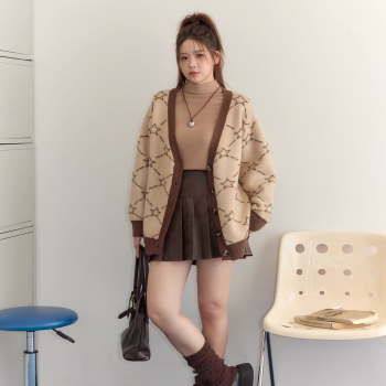 张大人大码女装美拉德穿搭针织开衫胖mm复古高腰减龄皮半裙套装