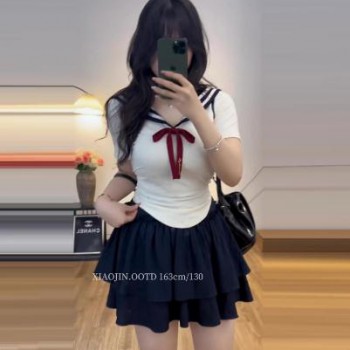大码微胖海军领连衣裙女夏季胖mm显瘦休闲水手制服上衣半身裙套装