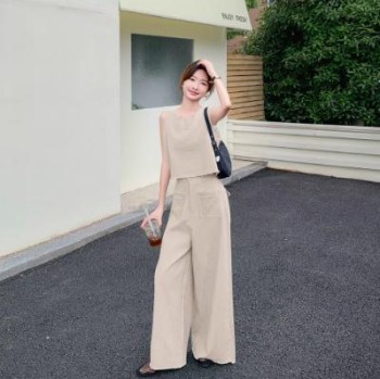 蓝绿色小香风套装裤女夏阔腿裤两件套无袖上衣炸街小众不撞款气质