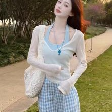 纯欲辣妹气质休闲撞色长袖上衣女装2025夏季新款蕾丝格子长裤套装