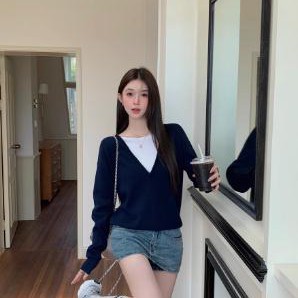 MAXMENT老钱风撞色假两件百搭显瘦慵懒感桑蚕丝羊毛毛衣针织衫