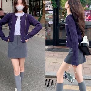 曾小咸 头号甜心 韩系学院风针织开衫套装女春季修身提花短款上衣