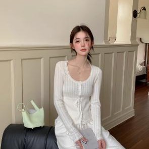 GAZ线上商店新款U领镂空花边纽扣蝴蝶结圆领小开衫收腰系带上衣女