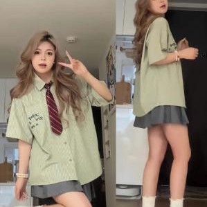 大码胖mm时尚学院风套装女夏条纹复古短袖衬衫上衣半身裙子两件套