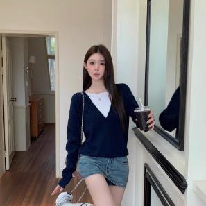 MAXMENT老钱风撞色假两件百搭显瘦慵懒感桑蚕丝羊毛毛衣针织衫