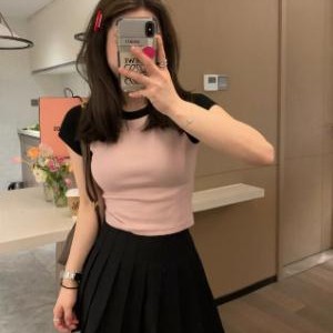 Veee清透感芋泥灰粉 短款圆领纯色插肩袖精梳螺纹气质正肩短袖T恤