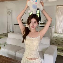 小性感纯欲甜美风碎花吊带套装纯棉新款夏季女自带胸垫家居服睡衣