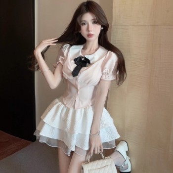 夏季学院风jk制服套装女洋气甜辣短袖衬衫高腰蛋糕蓬蓬裙两件套女