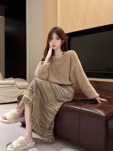 条纹背心针织吊带连衣裙女早秋美拉德穿搭大衣内搭包臀长裙子套装