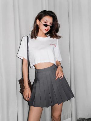 美式灰色百褶裙女秋冬学院风jk防走光高腰短款包臀西装a字半身裙
