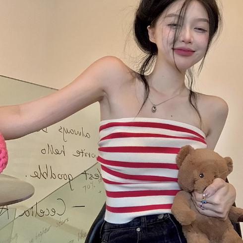 美背甜辣妹性感条纹打底吊带小背心女夏季裹抹胸外穿纯欲短款上衣