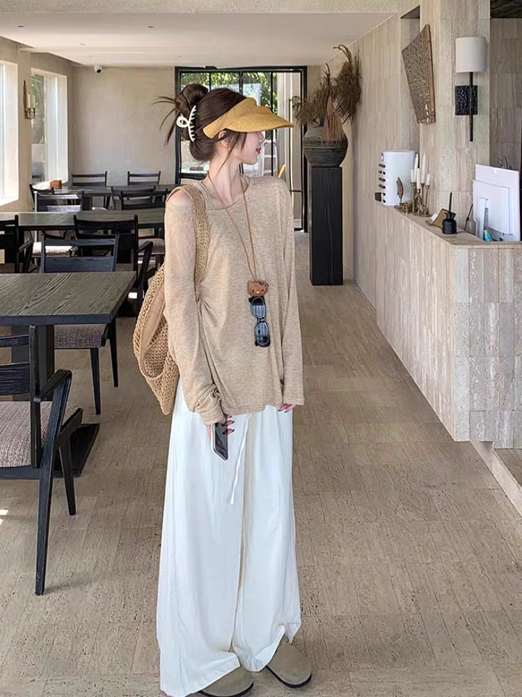 u领慵懒风长袖面膜T恤女夏季薄款休闲宽松百搭防晒罩衫两件套上衣