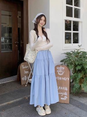 温柔风甜美减龄蓝色半身裙2025夏季新款百搭显瘦层次感a字长裙女