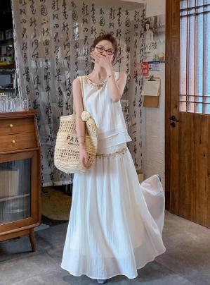 温柔度假风连衣裙套装女2025夏新款高级感无袖上衣半身裙两件套潮