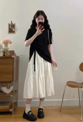 大码女装韩剧穿搭套装夏季蝴蝶结上衣胖MM遮肚显瘦蛋糕裙子两件套