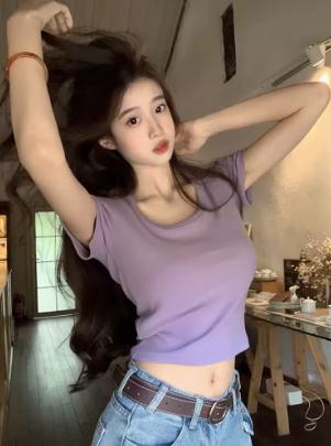 2025初夏穿搭新款紫色正肩短袖T恤女小衫小众设计感法式短款上衣